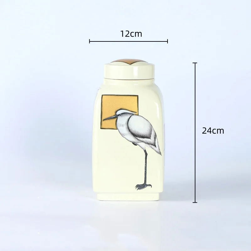 Ceramic Pot Square Ginger Jar Flower Vase Hand-painted Flower and Bird Patterns Storage Tank Home Decoration Accessories - Grand Goldman