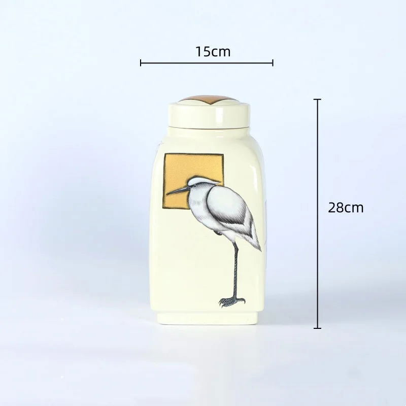 Ceramic Pot Square Ginger Jar Flower Vase Hand-painted Flower and Bird Patterns Storage Tank Home Decoration Accessories - Grand Goldman
