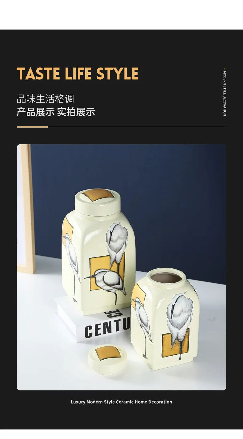 Ceramic Pot Square Ginger Jar Flower Vase Hand-painted Flower and Bird Patterns Storage Tank Home Decoration Accessories - Grand Goldman