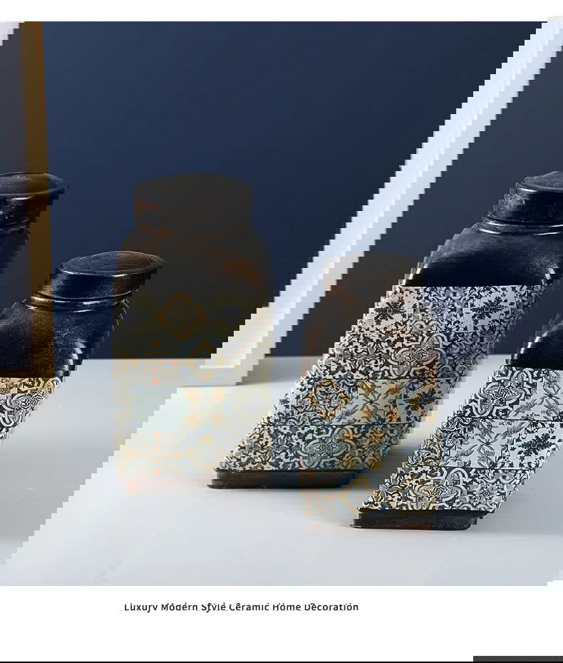 Ceramic Pot Square Ginger Jar Flower Vase Hand-painted Flower and Bird Patterns Storage Tank Home Decoration Accessories - Grand Goldman