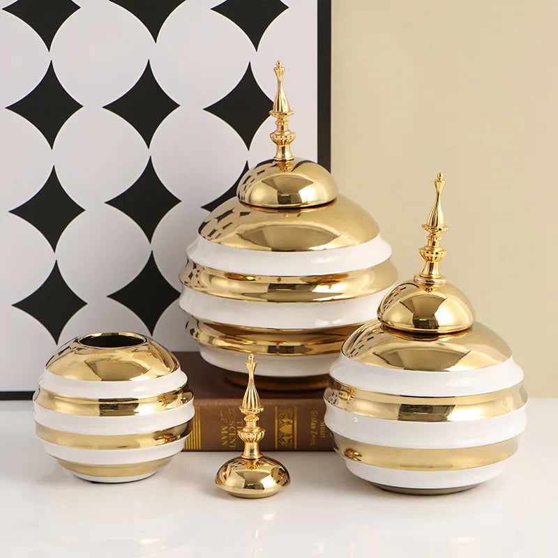 Ceramic Round Pot Striped Can Ginger Jar Storage Tank Golden Handicraft Home Decoration Flower Vase Flower Arrangement - Grand Goldman