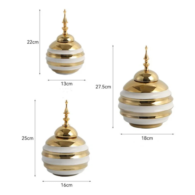 Ceramic Round Pot Striped Can Ginger Jar Storage Tank Golden Handicraft Home Decoration Flower Vase Flower Arrangement - Grand Goldman