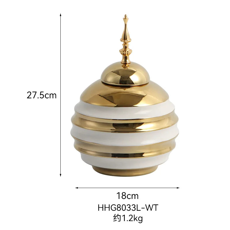 Ceramic Round Pot Striped Can Ginger Jar Storage Tank Golden Handicraft Home Decoration Flower Vase Flower Arrangement - Grand Goldman