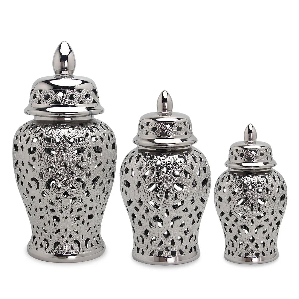 Ceramic Silver Handmade Hollow Out General Jar Ceramic candy storage jar Art Decorative Tank Totem Pattern vase Home Decor - Grand Goldman