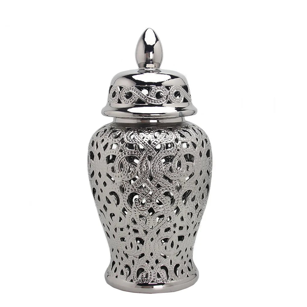 Ceramic Silver Handmade Hollow Out General Jar Ceramic candy storage jar Art Decorative Tank Totem Pattern vase Home Decor - Grand Goldman