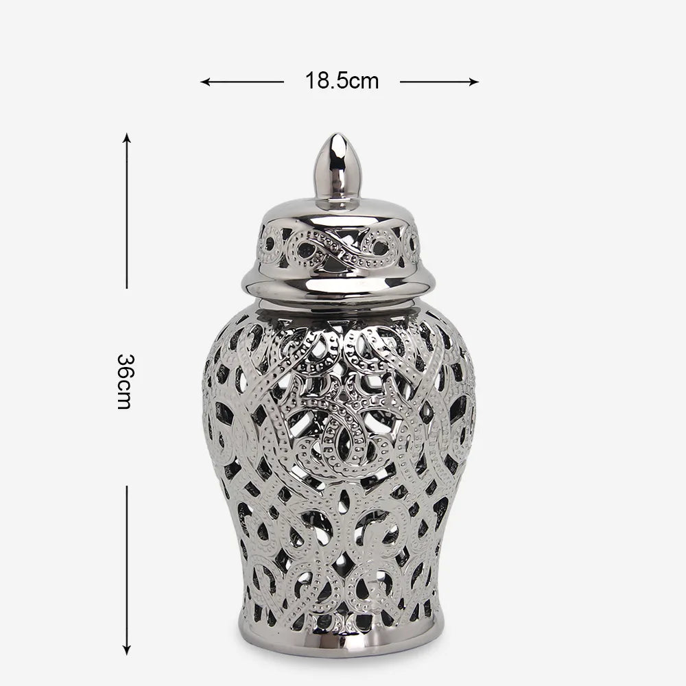 Ceramic Silver Handmade Hollow Out General Jar Ceramic candy storage jar Art Decorative Tank Totem Pattern vase Home Decor - Grand Goldman