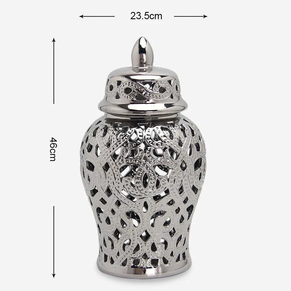 Ceramic Silver Handmade Hollow Out General Jar Ceramic candy storage jar Art Decorative Tank Totem Pattern vase Home Decor - Grand Goldman