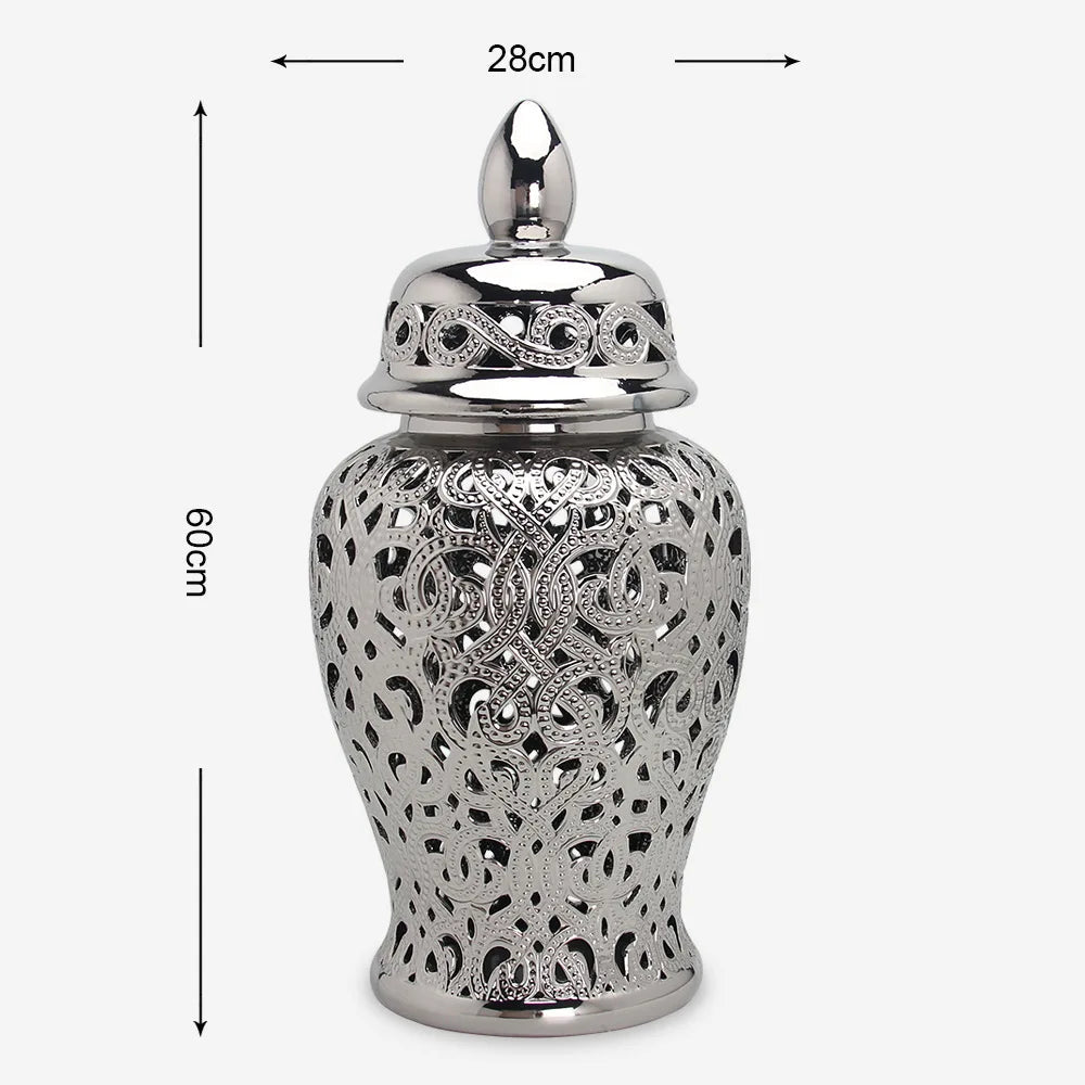 Ceramic Silver Handmade Hollow Out General Jar Ceramic candy storage jar Art Decorative Tank Totem Pattern vase Home Decor - Grand Goldman