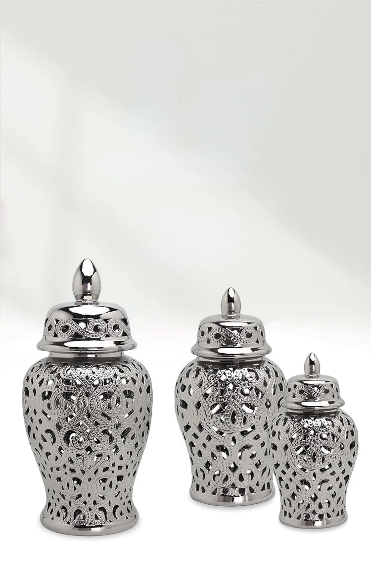 Ceramic Silver Handmade Hollow Out General Jar Ceramic candy storage jar Art Decorative Tank Totem Pattern vase Home Decor - Grand Goldman