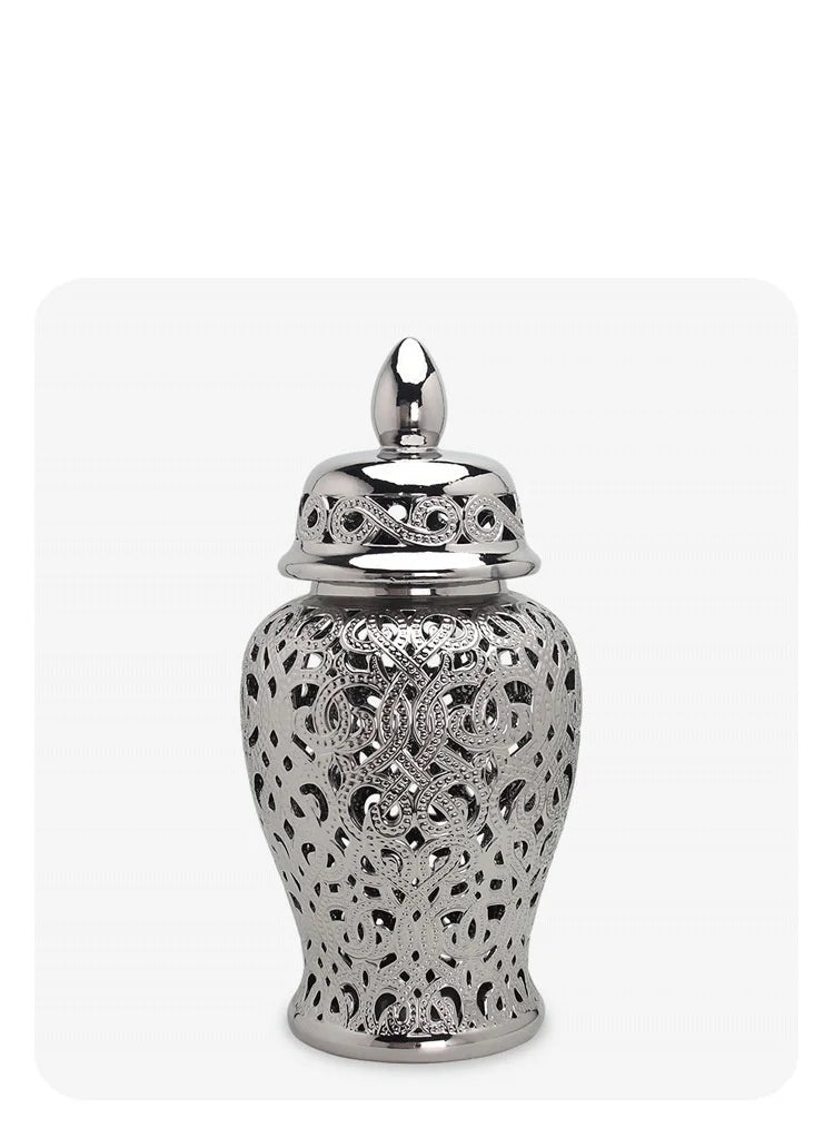 Ceramic Silver Handmade Hollow Out General Jar Ceramic candy storage jar Art Decorative Tank Totem Pattern vase Home Decor - Grand Goldman