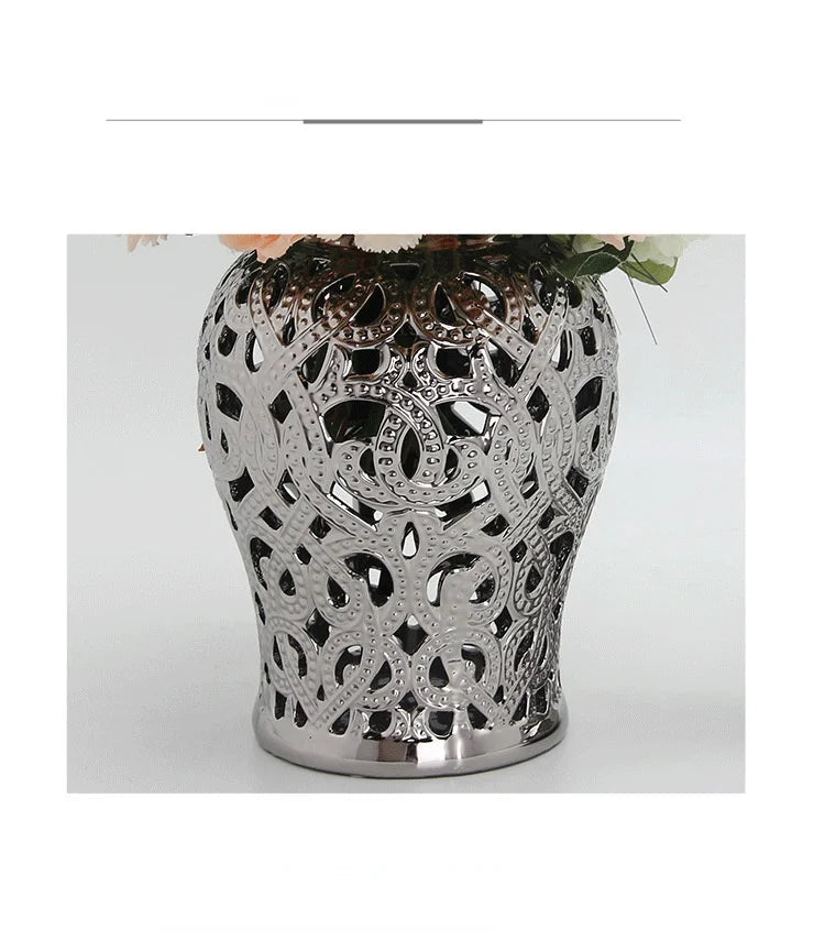 Ceramic Silver Handmade Hollow Out General Jar Ceramic candy storage jar Art Decorative Tank Totem Pattern vase Home Decor - Grand Goldman