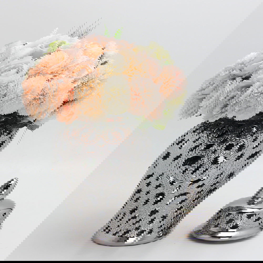 Ceramic Silver Handmade Hollow Out General Jar Ceramic candy storage jar Art Decorative Tank Totem Pattern vase Home Decor - Grand Goldman