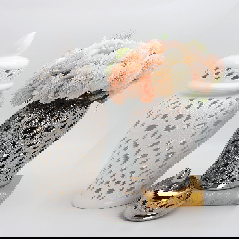 Ceramic Silver Handmade Hollow Out General Jar Ceramic candy storage jar Art Decorative Tank Totem Pattern vase Home Decor - Grand Goldman