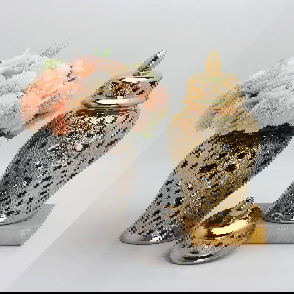 Ceramic Silver Handmade Hollow Out General Jar Ceramic candy storage jar Art Decorative Tank Totem Pattern vase Home Decor - Grand Goldman