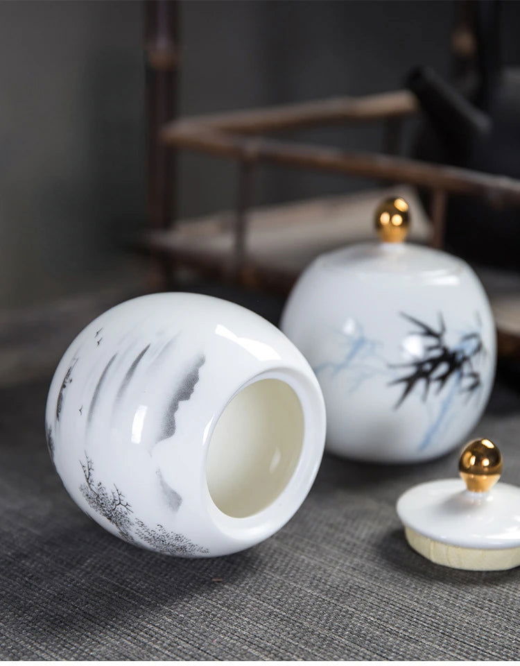 Ceramic Tea Pot White Porcelain Tea Caddy Sealed Storage Tank Canister Kitchen Storage Containers General Can Home Decoration - Grand Goldman