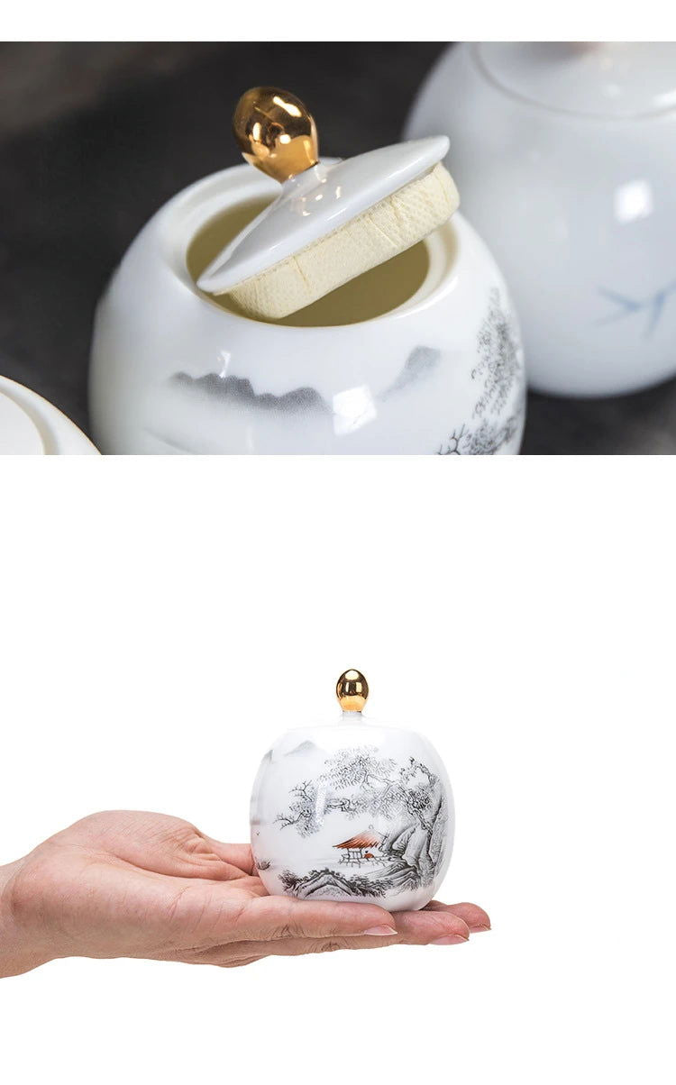 Ceramic Tea Pot White Porcelain Tea Caddy Sealed Storage Tank Canister Kitchen Storage Containers General Can Home Decoration - Grand Goldman