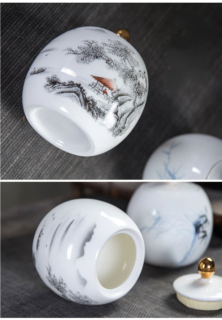 Ceramic Tea Pot White Porcelain Tea Caddy Sealed Storage Tank Canister Kitchen Storage Containers General Can Home Decoration - Grand Goldman