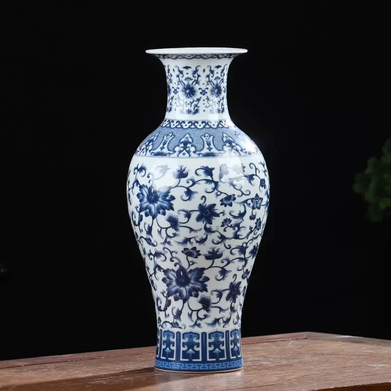 Ceramic Vase Blue and White Thin Bodied Porcelain Home Classical Shelf Bedroom Living Room Chinese Table Jingdezhen Ornaments Tall White Vases with Blue Arabesques and Nostalgic Hand Paintings - Grand Goldman
