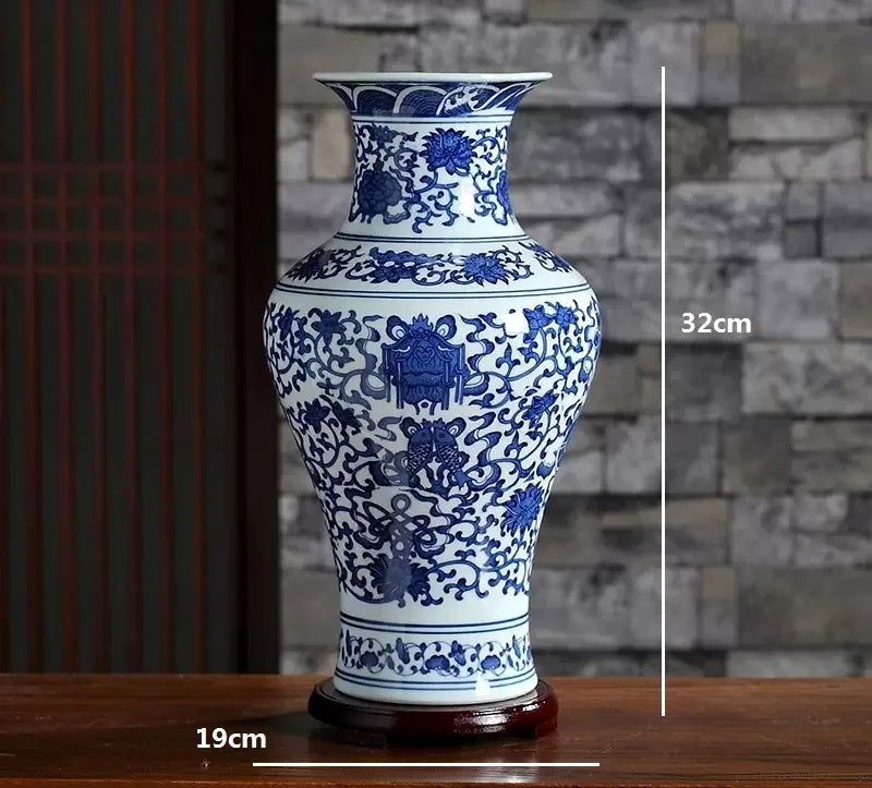 Ceramic Vase Blue and White Thin Bodied Porcelain Home Classical Shelf Bedroom Living Room Chinese Table Jingdezhen Ornaments Tall White Vases with Blue Arabesques and Nostalgic Hand Paintings - Grand Goldman