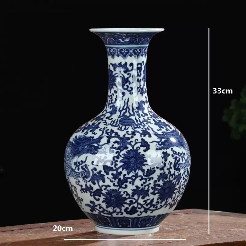 Ceramic Vase Blue and White Thin Bodied Porcelain Home Classical Shelf Bedroom Living Room Chinese Table Jingdezhen Ornaments Tall White Vases with Blue Arabesques and Nostalgic Hand Paintings - Grand Goldman