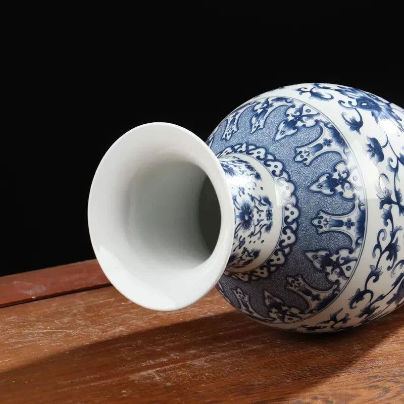 Ceramic Vase Blue and White Thin Bodied Porcelain Home Classical Shelf Bedroom Living Room Chinese Table Jingdezhen Ornaments Tall White Vases with Blue Arabesques and Nostalgic Hand Paintings - Grand Goldman