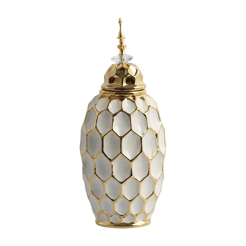 Ceramic Vase Porcelain Ginger Jar Gold Check Irregular Handicraft Storage Tank Flower Vase Home Decoration Accessories - Grand Goldman
