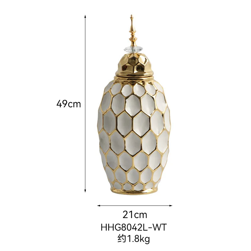 Ceramic Vase Porcelain Ginger Jar Gold Check Irregular Handicraft Storage Tank Flower Vase Home Decoration Accessories - Grand Goldman