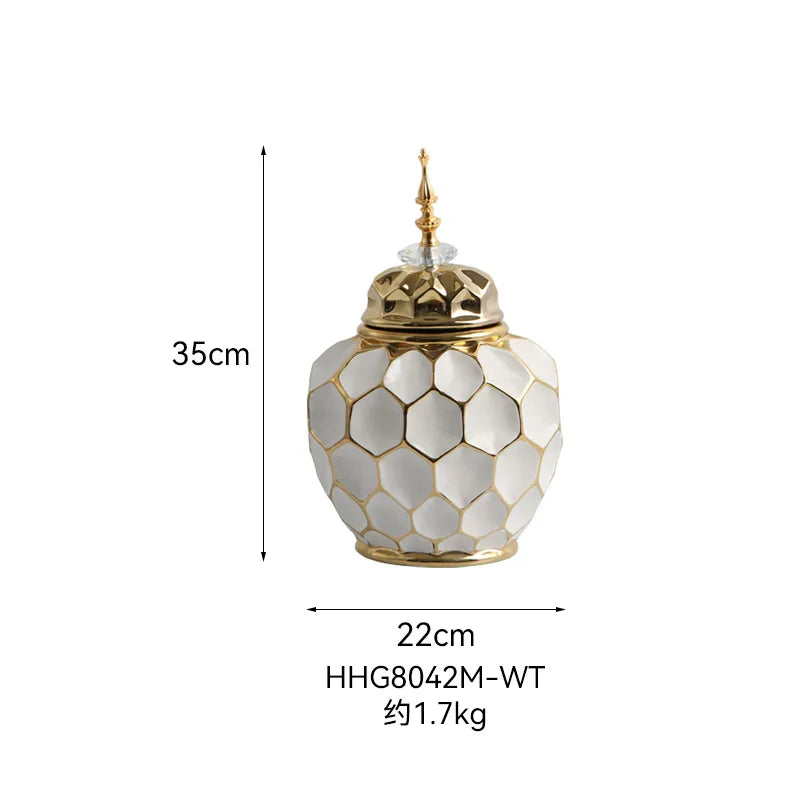 Ceramic Vase Porcelain Ginger Jar Gold Check Irregular Handicraft Storage Tank Flower Vase Home Decoration Accessories - Grand Goldman