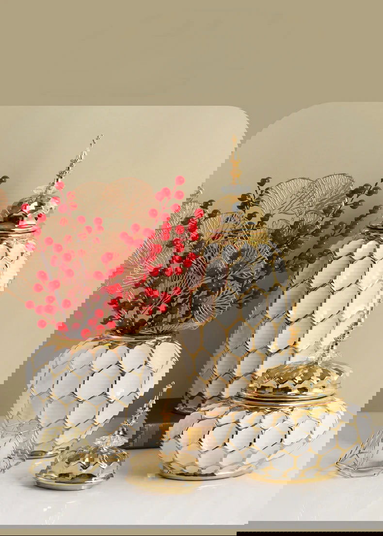 Ceramic Vase Porcelain Ginger Jar Gold Check Irregular Handicraft Storage Tank Flower Vase Home Decoration Accessories - Grand Goldman