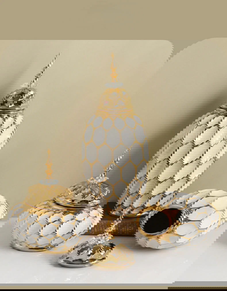 Ceramic Vase Porcelain Ginger Jar Gold Check Irregular Handicraft Storage Tank Flower Vase Home Decoration Accessories - Grand Goldman