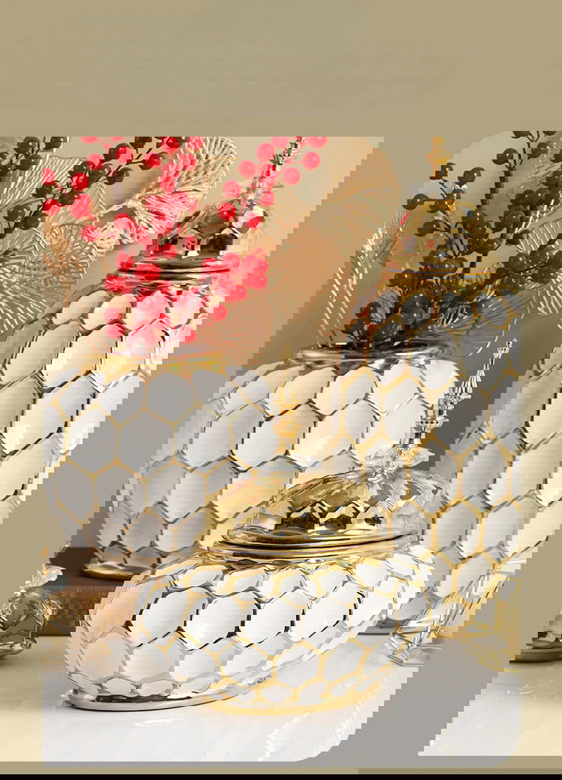 Ceramic Vase Porcelain Ginger Jar Gold Check Irregular Handicraft Storage Tank Flower Vase Home Decoration Accessories - Grand Goldman