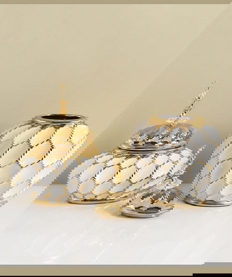 Ceramic Vase Porcelain Ginger Jar Gold Check Irregular Handicraft Storage Tank Flower Vase Home Decoration Accessories - Grand Goldman