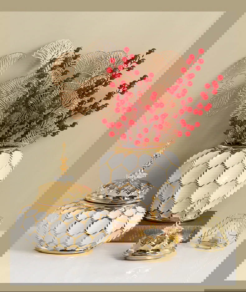 Ceramic Vase Porcelain Ginger Jar Gold Check Irregular Handicraft Storage Tank Flower Vase Home Decoration Accessories - Grand Goldman