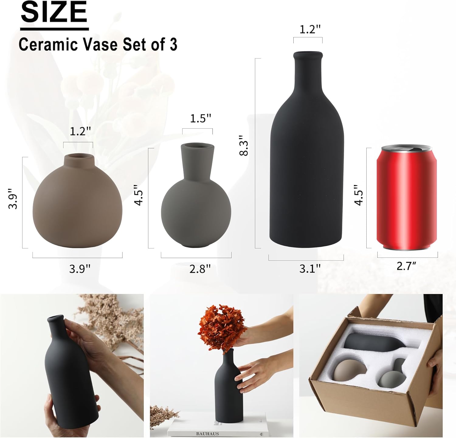 Ceramic Vase Set of 3, Vases Home Decor Rustic Vase Farmhouse Decor Vase Terra Cotta Pottery Vases for Bouquet Pampas Grass Dried Fresh Flowers, Living Room, Kitchen, Bedroom, Bathroom - Multicolor - Grand Goldman