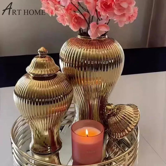 Ceramic Vase Universal Jar Ceramic Gold Striped Storage Jar with Lid Tabletop Decoration Container Storage Jar - Grand Goldman