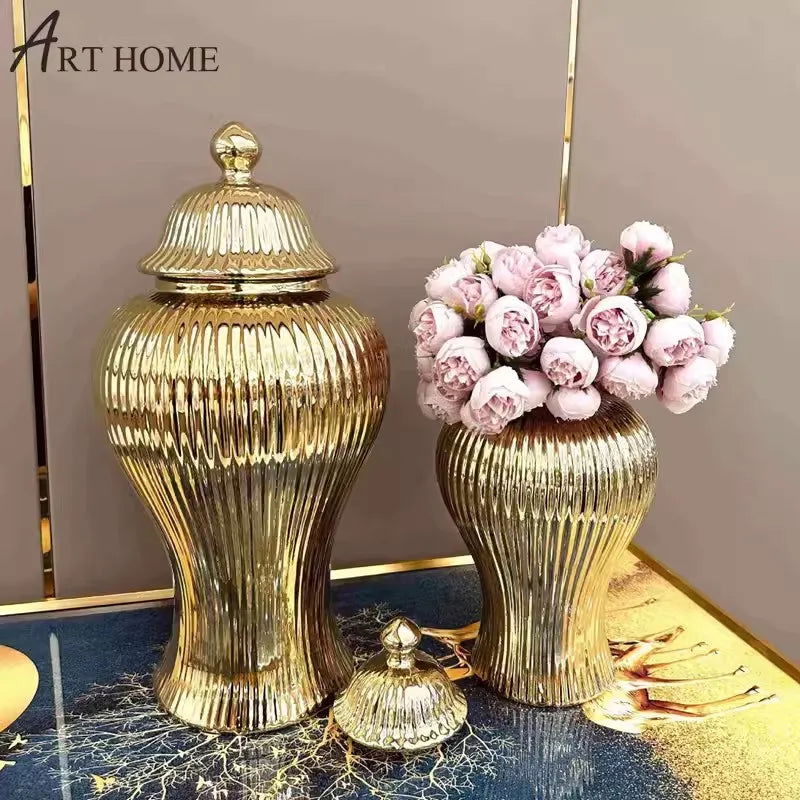 Ceramic Vase Universal Jar Ceramic Gold Striped Storage Jar with Lid Tabletop Decoration Container Storage Jar - Grand Goldman