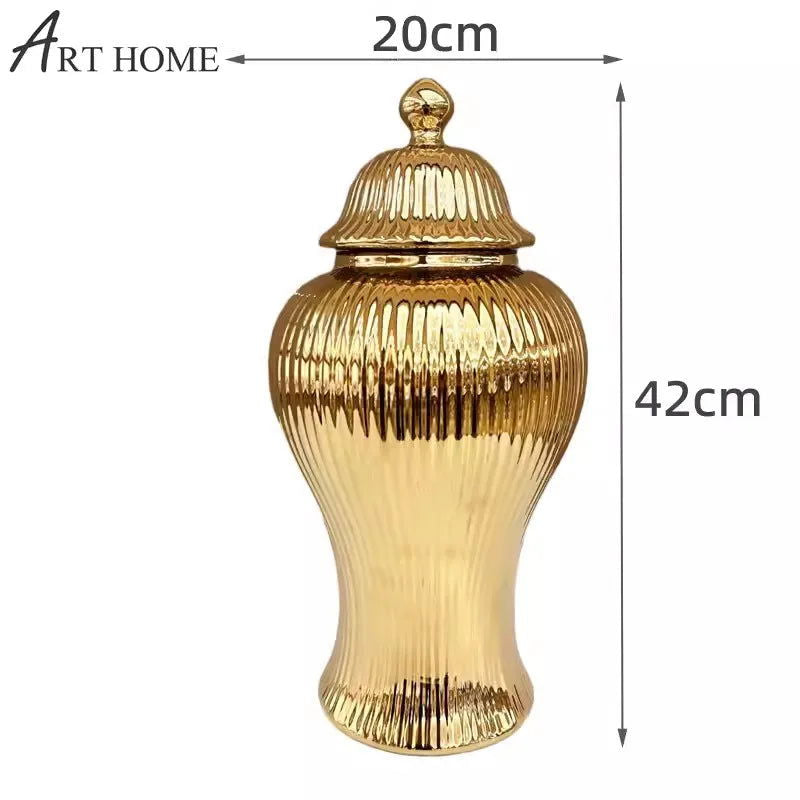 Ceramic Vase Universal Jar Ceramic Gold Striped Storage Jar with Lid Tabletop Decoration Container Storage Jar - Grand Goldman