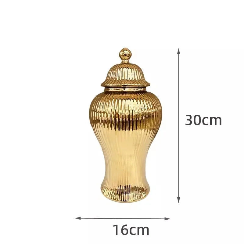 Ceramic Vase Universal Jar Ceramic Gold Striped Storage Jar with Lid Tabletop Decoration Container Storage Jar - Grand Goldman