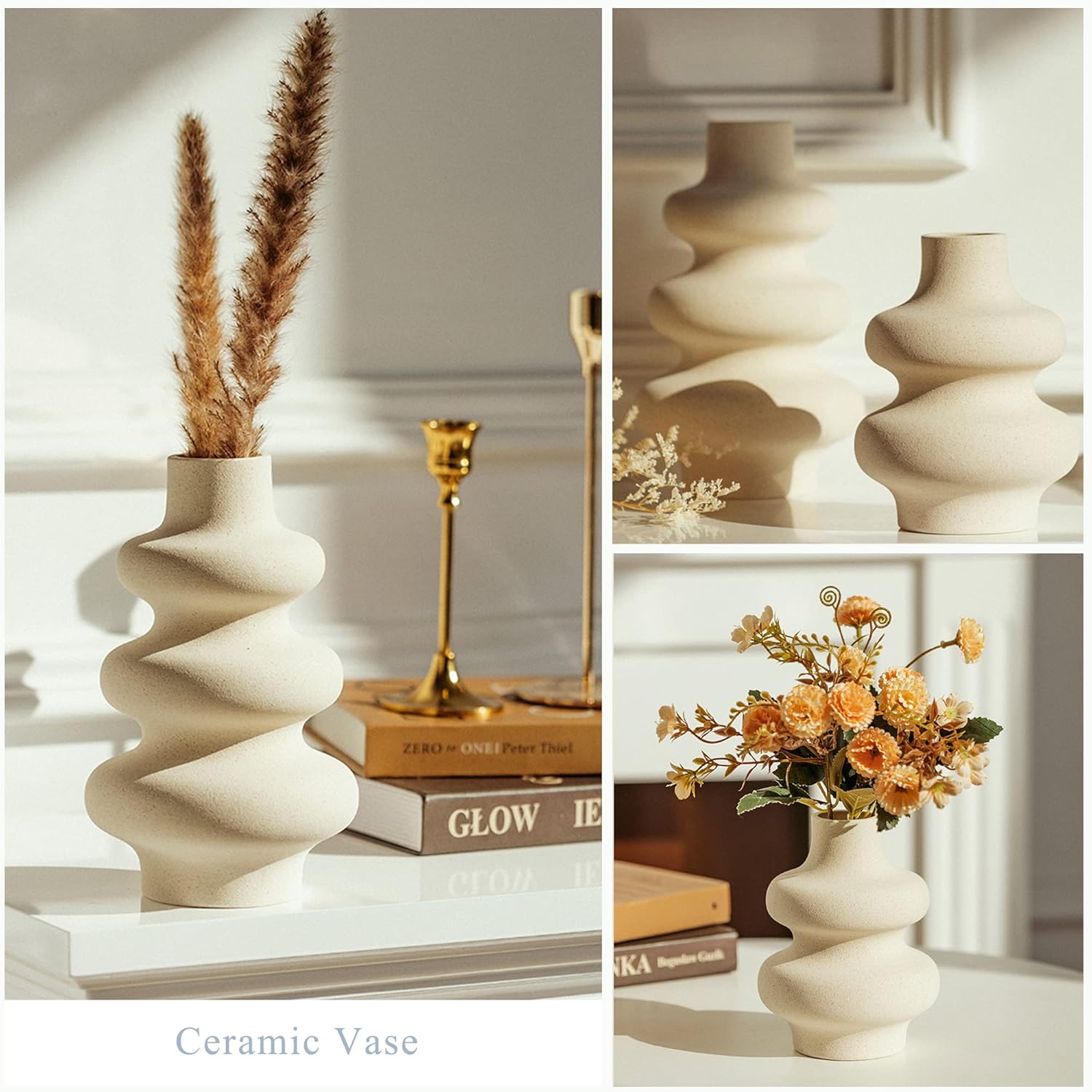 Ceramic Vases Set 2, Modern Home Decor,Off White Round Vases,Modern Dried Flower Vases, Boho Home Decor for Centerpieces Wedding Dinner Table Party Living Room Office Bedroom - Grand Goldman
