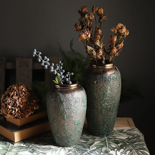 Ceramic Vintage Floor Vase Decoration With Rose Ornaments - Grand Goldman
