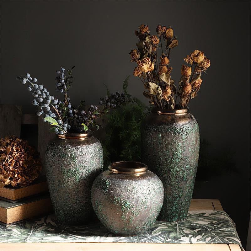 Ceramic Vintage Floor Vase Decoration With Rose Ornaments - Grand Goldman