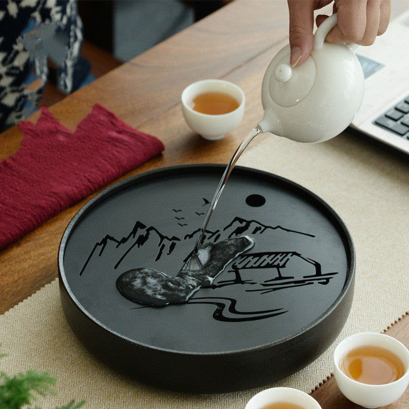 Ceramic round tea tray household dry tea tray - Grand Goldman