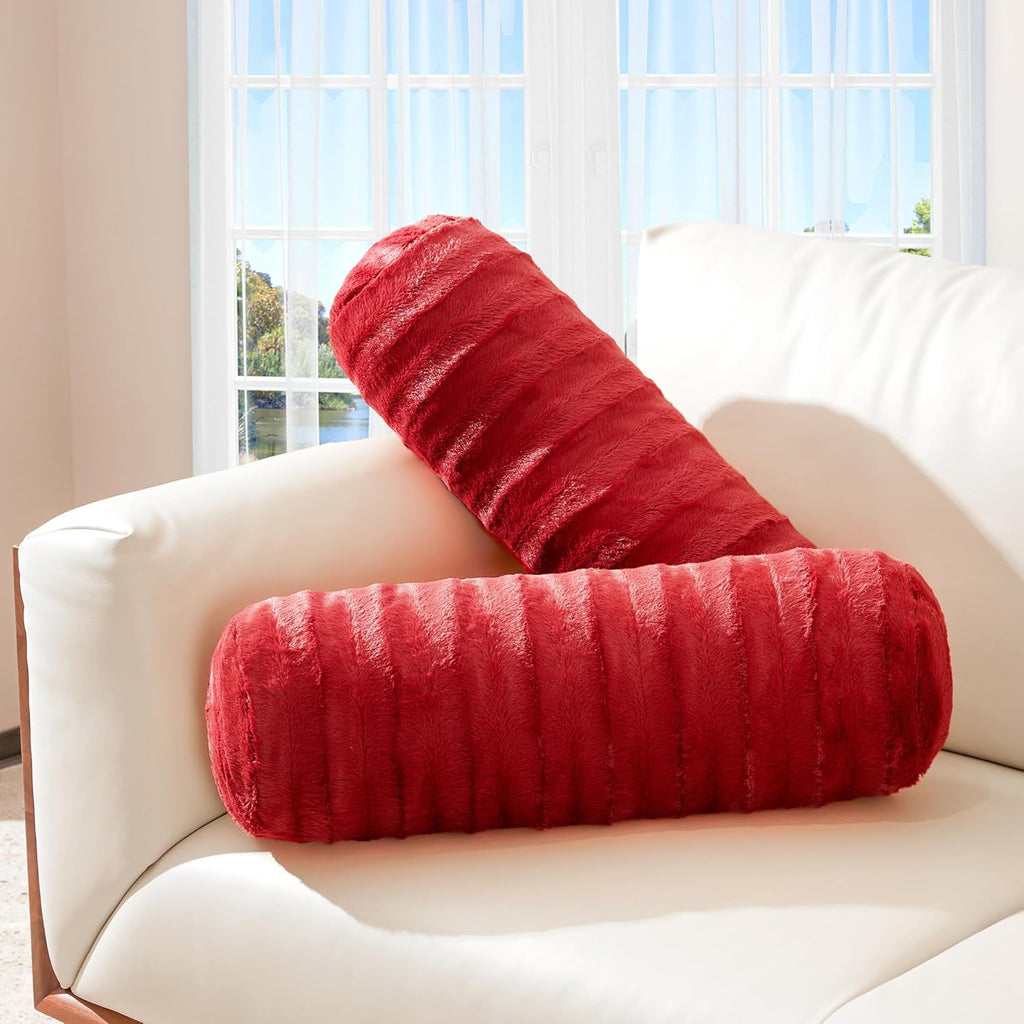 Cheer Collection Faux Fur Cylinder Pillows - Decorative Bolster Pillows for Couch & Bed - Machine Washable - 8” x 24” Inch (Set of 2) - White - Grand Goldman