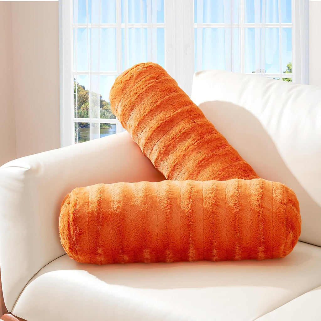 Cheer Collection Faux Fur Cylinder Pillows - Decorative Bolster Pillows for Couch & Bed - Machine Washable - 8” x 24” Inch (Set of 2) - White - Grand Goldman