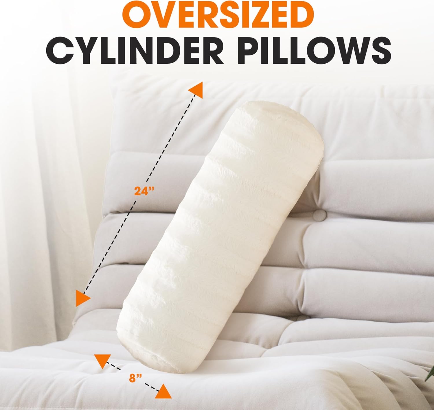 Cheer Collection Faux Fur Cylinder Pillows - Decorative Bolster Pillows for Couch & Bed - Machine Washable - 8” x 24” Inch (Set of 2) - White - Grand Goldman