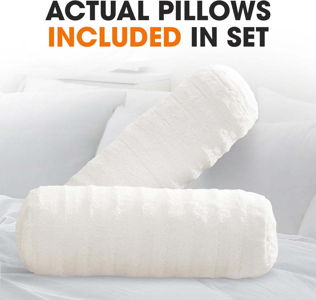 Cheer Collection Faux Fur Cylinder Pillows - Decorative Bolster Pillows for Couch & Bed - Machine Washable - 8” x 24” Inch (Set of 2) - White - Grand Goldman