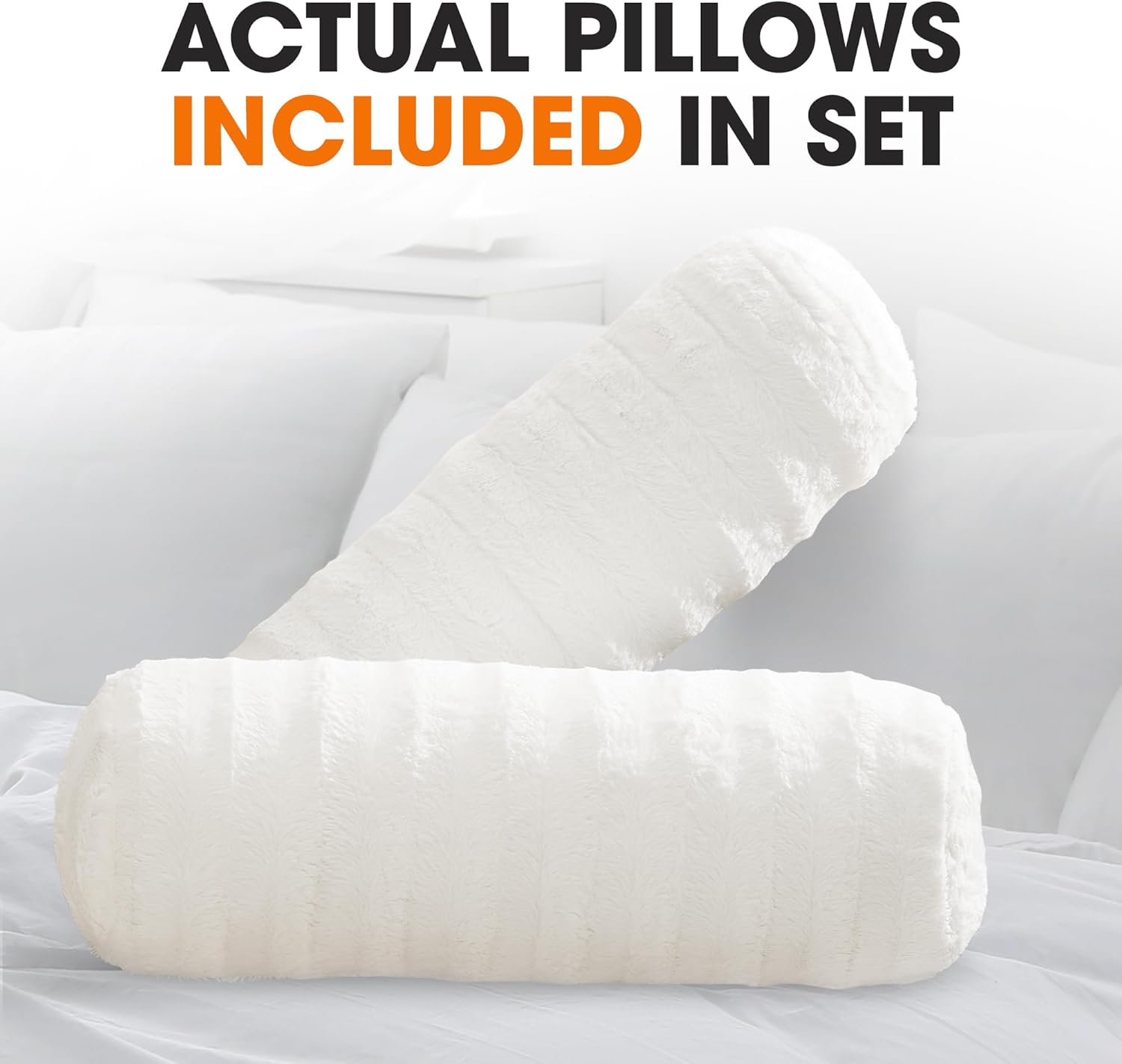 Cheer Collection Faux Fur Cylinder Pillows - Decorative Bolster Pillows for Couch & Bed - Machine Washable - 8” x 24” Inch (Set of 2) - White - Grand Goldman