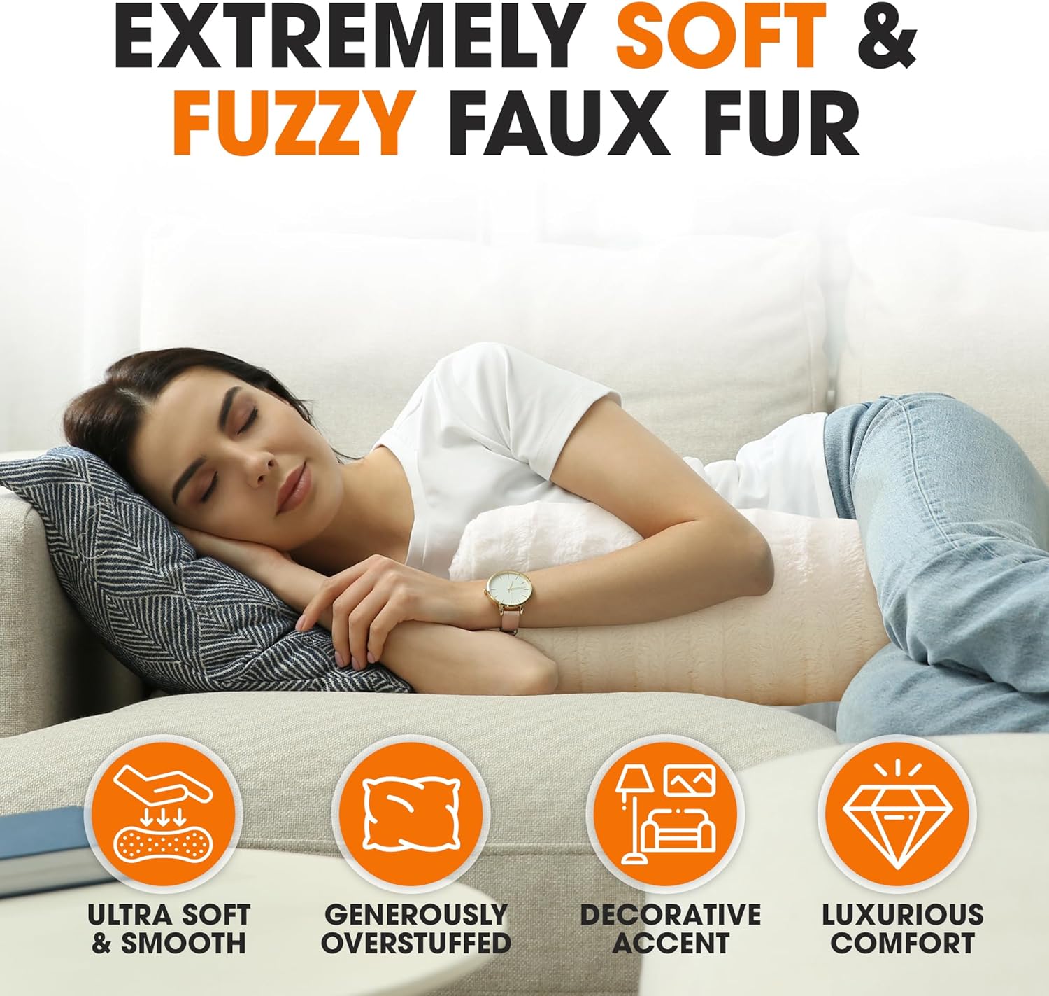 Cheer Collection Faux Fur Cylinder Pillows - Decorative Bolster Pillows for Couch & Bed - Machine Washable - 8” x 24” Inch (Set of 2) - White - Grand Goldman