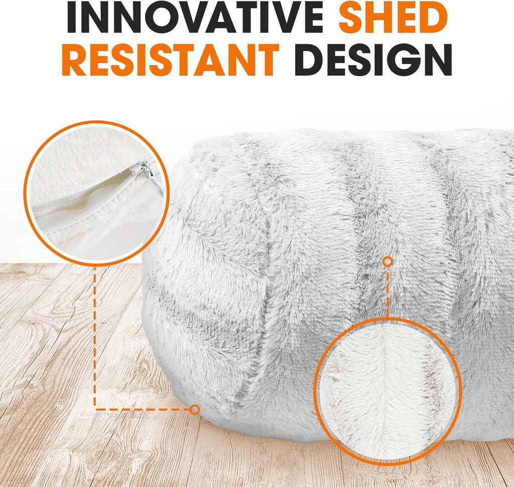 Cheer Collection Faux Fur Cylinder Pillows - Decorative Bolster Pillows for Couch & Bed - Machine Washable - 8” x 24” Inch (Set of 2) - White - Grand Goldman