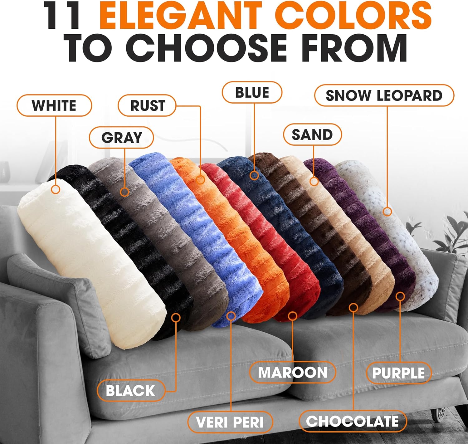 Cheer Collection Faux Fur Cylinder Pillows - Decorative Bolster Pillows for Couch & Bed - Machine Washable - 8” x 24” Inch (Set of 2) - White - Grand Goldman